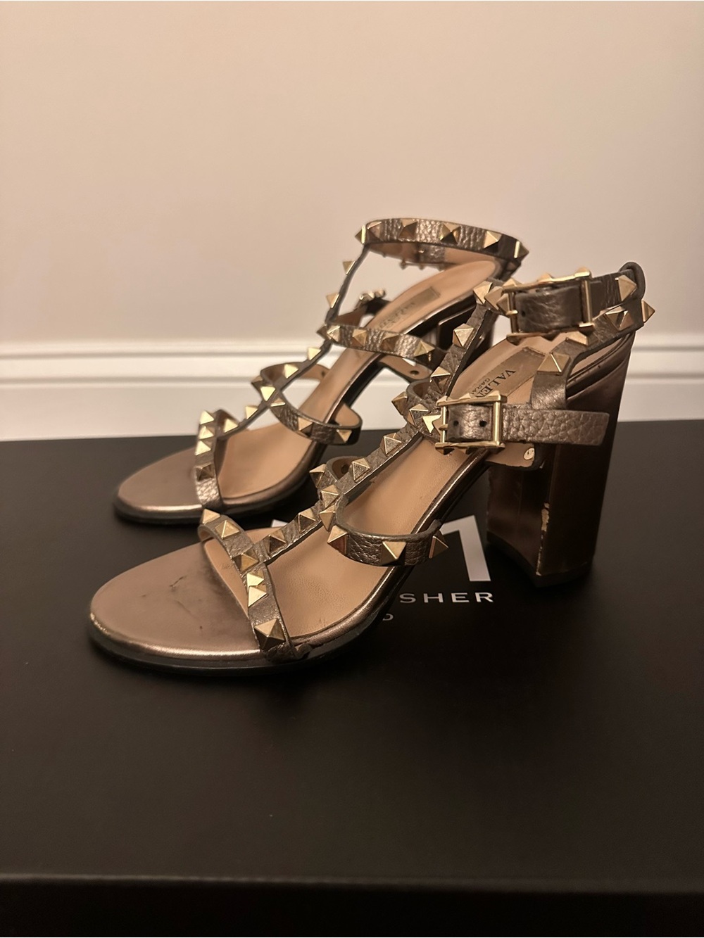 Valentino Garavani Metallic Bronze Studded Block Heel Sandals